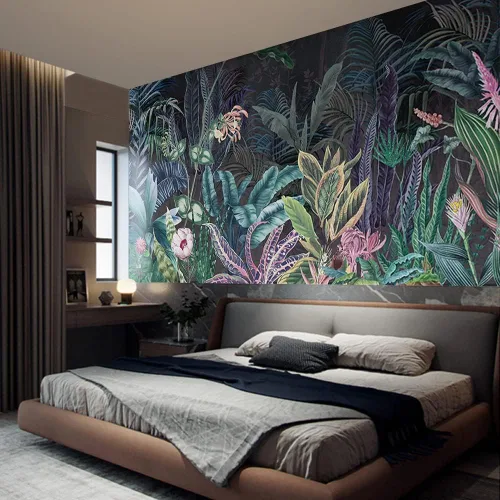 Vista 6 de Papel tapiz de bosque de selva de 151 x 105 pulgadas, papel tapiz autoadhesivo con estampado de flores tropicales de palmeras tropicales