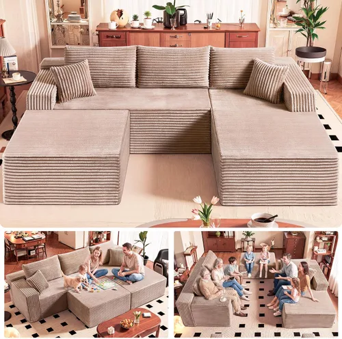 Vista 17 de Sofá modular negro de 108 pulgadas con otomana, sofá en forma de U en forma de nube para sala de estar, no necesita montaje, tela de pana de felpa