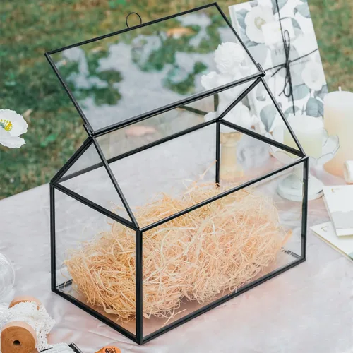 Vista 2 de NCYP - Caja de tarjetas de vidrio con tapa para micro boda, cumpleaños, recepción de fiesta, 10.2 x 5.9 x 8.2 pulgadas, tarjetero con forma de casa