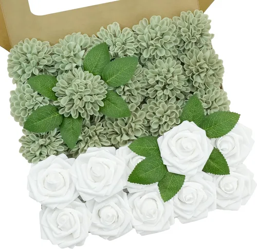 Vista 9 de Flores artificiales, 25 piezas, rosas artificiales realistas para ramos de novia, centros de mesa, arreglos, flores de Dalia negras con tallo