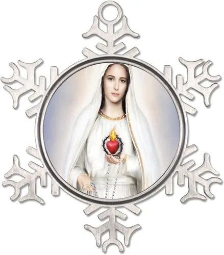 Vista 5 de Adornos metálicos de copo de nieve de Nuestra Señora de Fátima, adorno de Navidad, recuerdo, regalo, adornos colgantes para decoración de árbol