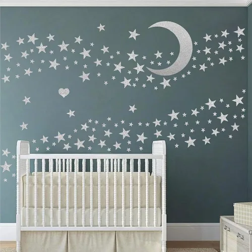 Vista 15 de Calcomanías de pared con estrella dorada, diseño retro de explosión de estrellas, calcomanías para dormitorio, sala de estar, decoración de techo
