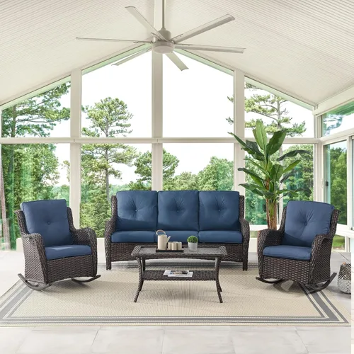 Vista 2 de Belord Mesa de centro al aire libre para patio, mesa de centro de ratán de 40 pulgadas con almacenamiento de 2 capas, mesa rectangular de mimbre