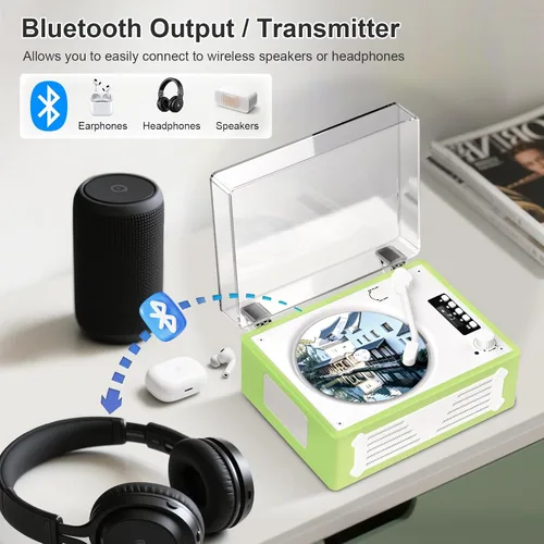 Vista 3 de Reproductor de CD Retro con Transmisor Receptor Bluetooth, Altavoces Estéreo HiFi, Pantalla LED, Puertos USB/AUX/Auriculares, Recargable