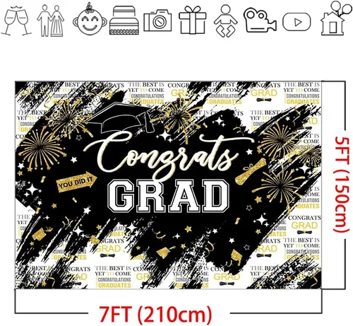 Vista 6 de Mocsicka Telón de fondo de graduación de 7 x 5 pies – Congrats Grad Black Gold 2026 decoraciones de fiesta de graduación, fondos de fotografía