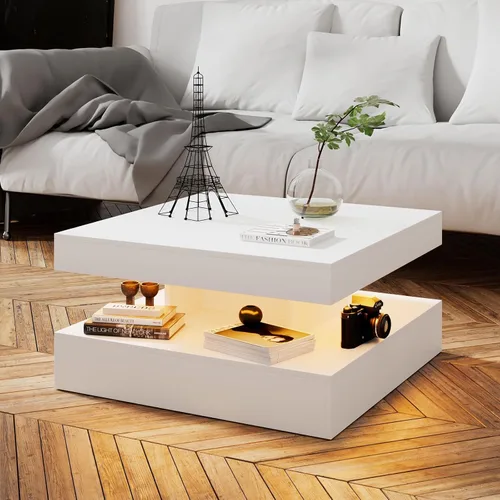 Vista 22 de HedoAjim Mesa de centro LED negra para sala de estar, mesa de sala de estar, mesas centrales cuadradas de 2 niveles, mesas de centro de madera