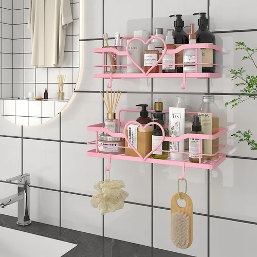 Vista 7 de Organizador de ducha rosa con 4 ganchos extraíbles, 2 paquetes de estantes de ducha Sweet Heart, estante organizador adhesivo sin perforaciones
