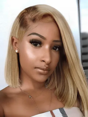 Vista 2 de Pelucas de cabello humano Bob de Beauty Forever, rubia con raíces marrones, parte lateral, corte recto, 7x5 encaje HD, adiós a los nudos, peluca Bob