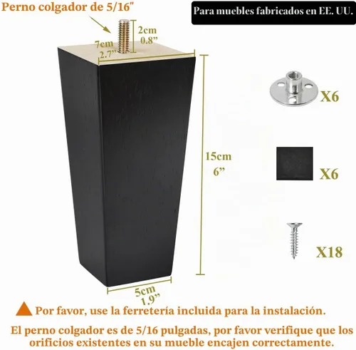 Vista 2 de Juego de 6 patas para muebles de 6 pulgadas, color negro, patas otomanas de repuesto para sofá seccional, cómoda, reclinable, mesita de noche