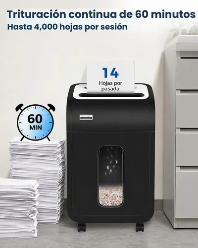 Vista 3 de VidaTeco - Trituradora de papel para hogar/oficina, 14 hojas, 60 minutos, corte micro con cuchilla patentada en EE. UU., tritura