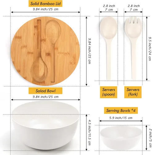 Vista 4 de ShineMe Juego de Ensaladera, Ensaladera Grande de 9.8 Pulgadas con Tapa, Ensaladera de Bambú con Juego de 4 Cuencos Pequeños para Snacks y Blanco