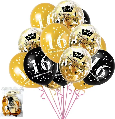 Vista 2 de SHUNTAI Decoraciones de cumpleaños 16 negro y dorado, globos de cumpleaños dulces 16 de látex, globo de confeti dorado de 16 años, tema de feliz