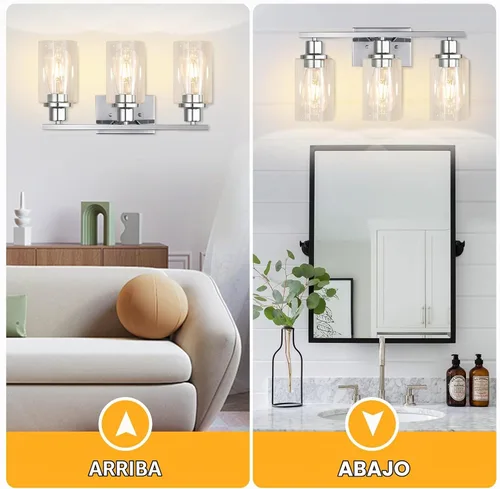 Vista 2 de Accesorios de iluminación de tocador de 3 luces, apliques de pared de baño en cromo pulido, luces de pared modernas con pantallas de vidrio