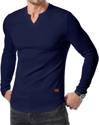 Vista 24 de JMIERR Camisetas de manga larga para hombre, estilo casual, cuello en V Negro+Blanco
