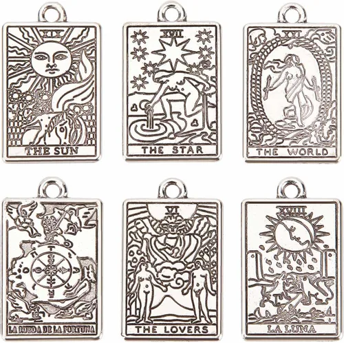 Vista 7 de SUNNYCLUE 10 piezas de 10 estilos de acero inoxidable Tarot Card Tarot Card Charms Collar Colgante Delicado Joyería Encantos para DIY Accesorios