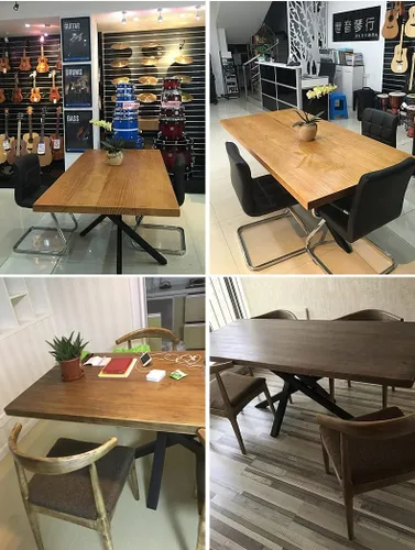 Vista 5 de LAKIQ Mesa de comedor de madera maciza rectangular industrial para cocina, comedor en la naturaleza con pedestal de metal, mesa de centro para sala
