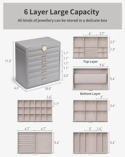 Vista 4 de Vlando Joyero grande, organizador de joyas con 5 cajones, cajas de joyería de cuero sintético para mujeres, anillos, pulseras, aretes, collares