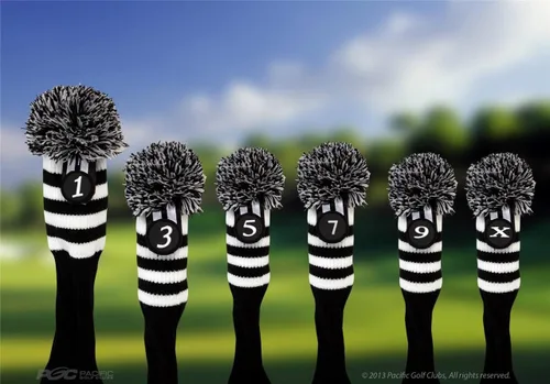 Vista 2 de Pacific Golf Clubs Head Covers 1 3 5 7 9 X Negro y Blanco Tejer Retro Old School Vintage Stripe Pom Pom Throwback Clásico