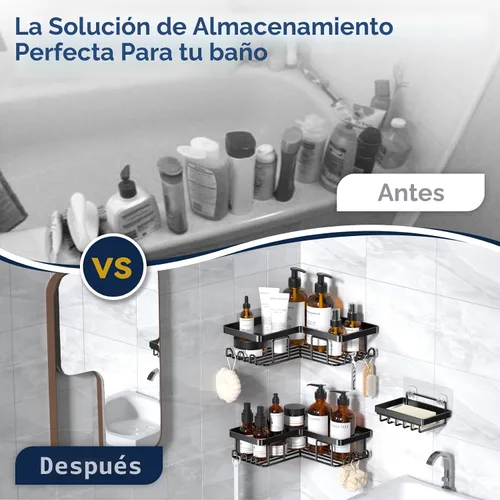 Vista 8 de YASONIC Organizador de ducha adhesivo de esquina, con soporte para jabón y 12 ganchos, organizador de baño de acero inoxidable a prueba de óxido