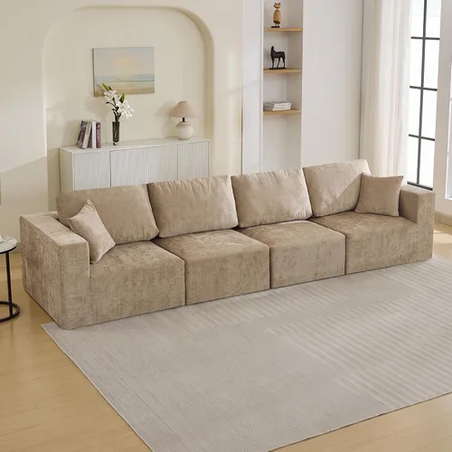 Vista 44 de WUTUTUEE Sofá modular en forma de U de 115 pulgadas, sofá modular modular de 3 plazas con 2 otomanas móviles, sofá cama convertible de pana con Beige