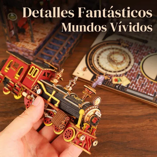 Vista 3 de Kit de rincón de libro, kit de casa en miniatura para adultos, rompecabezas LED 3D estación mágica, kit de rincón de libros, fabricado en madera