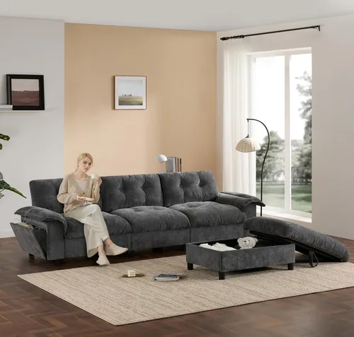 Vista 28 de Sofá modular moderno en forma de U de 115 pulgadas, juego de sofás tapizados grandes con asiento de almacenamiento, sofá cama convertible con diván