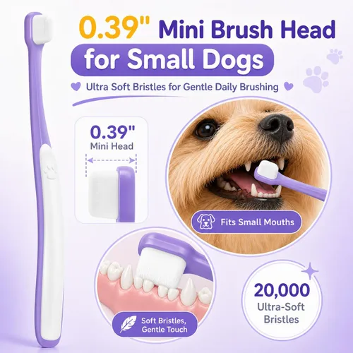 Vista 2 de Cepillo de dientes para perros pequeños – Mini cabezal de cepillo de 0.39 pulgadas, mango curvo, cerdas suaves, parte trasera de goma doble, kit
