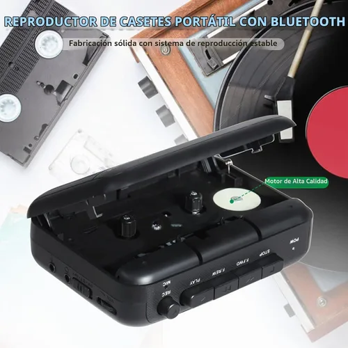Vista 5 de Grabadora de casete con transmisor Bluetooth, reproductor de cinta de casete pequeño con conector para auriculares, altavoz integrado, conector