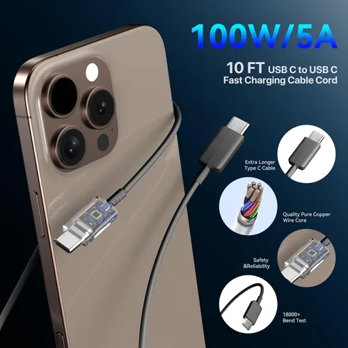 Vista 4 de Cargador para iPhone 16 Pro Max de carga rápida, bloque de cargador de pared USB C de 45 W con cable de carga larga USB C a USB C de 6 pies
