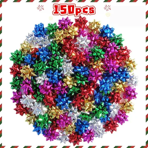 Vista 3 de 150 mini lazos de regalo de 1 pulgada, lazo pequeño de estrella de 1 pulgada, autoadhesivo pequeño metálico para envolver regalos, caja de regalo