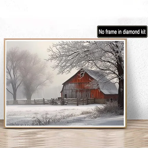 Vista 2 de Pintura de diamantes, árbol de nieve, niebla, granero rural, granero, kit de invierno para adultos, pintura de diamantes por números, arte de gemas