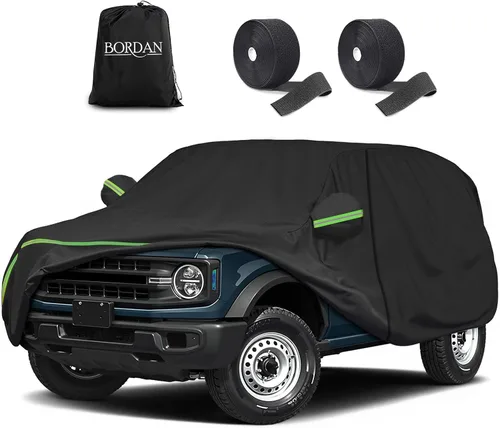 Vista 13 de Funda de coche para Ford Bronco de 2 puertas, 420D, funda impermeable para todo tipo de clima, sol, lluvia, UV, polvo, cubierta de cabina