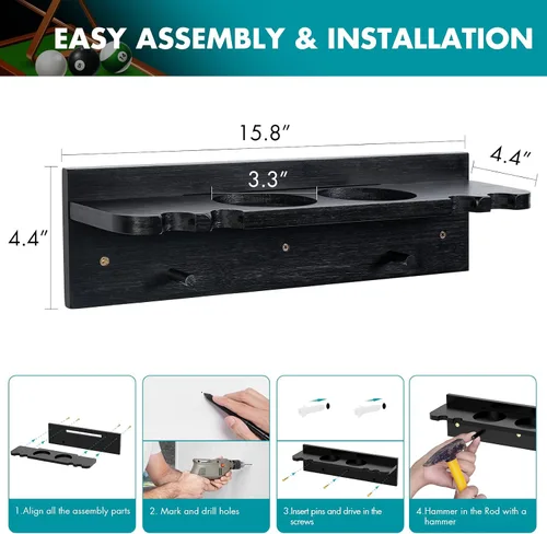 Vista 6 de XCSOURCE - Estante de pared para taco de piscina con soporte para bebidas y almacenamiento de bolas