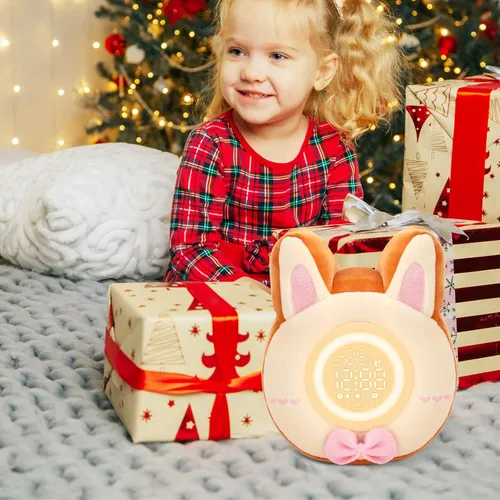 Vista 7 de QANYI Luz nocturna de conejo para niños, juguete de felpa suave con reloj despertador de conejo, luz de sueño para dormitorio, regalo, Navidad, Año