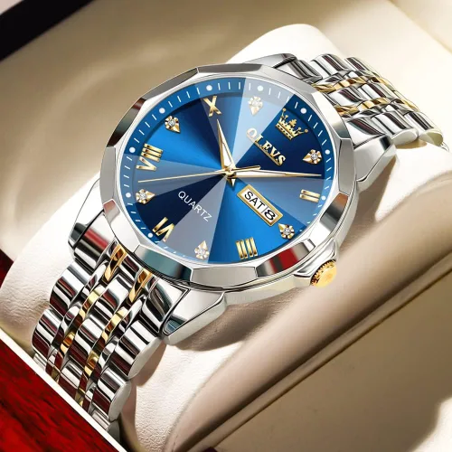Vista 5 de OLEVS Relojes de pulsera analógicos de cuarzo con diamantes para hombre, con fecha, de dos tonos, de acero inoxidable, impermeables, luminosos