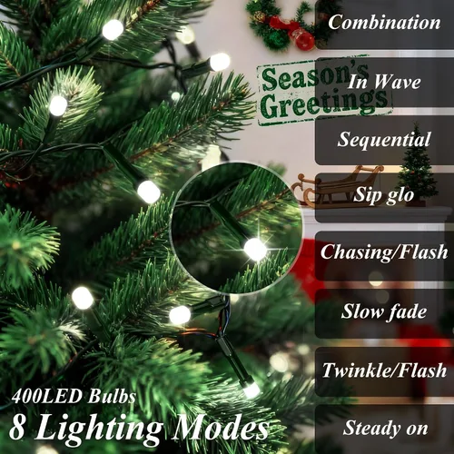 Vista 3 de aneeway 400 luces LED para árbol de Navidad, luces de Navidad de 6.6 pies con control remoto y 8 modos, 16 luces de cadena con función de memoria
