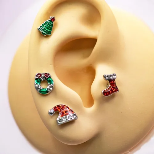 Vista 6 de VERAMI 4 aretes de cartílago de 16G 316L de acero inoxidable para árbol de Navidad, corona, sombrero de Navidad, botas, hélix, tragus, concha