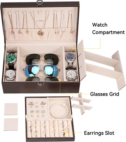 Vista 4 de LANDICI Joyero organizador para mujeres y niñas estuche grande de 2 capas para hombres con bandeja extraíble soporte de almacenamiento de joyas