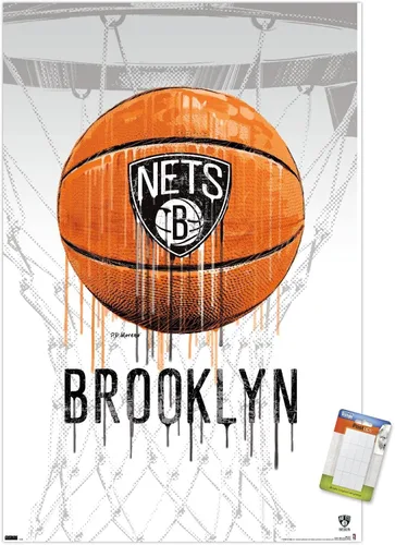 Vista 10 de Trends International NBA Brooklyn Nets - Póster de pared Drip Basketball 21, 14.725 x 22.375 pulgadas, versión enmarcada de madera de granero