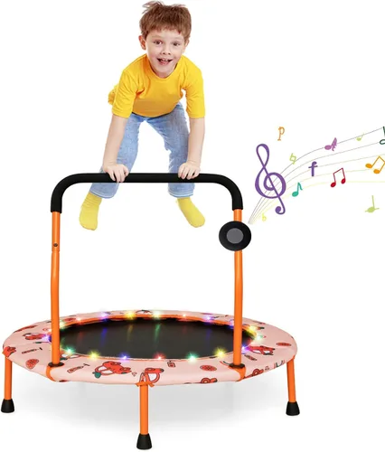 Vista 11 de Goplus Mini trampolín de 36 pulgadas para niños, trampolín para niños pequeños con luces LED, altavoz Bluetooth, mango extraíble, cubierta acolchada