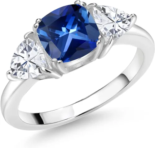 Vista 13 de 925 Sterling Silver Gemstone Birthstone and White Moissanite 3-Stone Engagement Ring for Women 7MM Cushion and 5MM Trillion Accents Three Stone