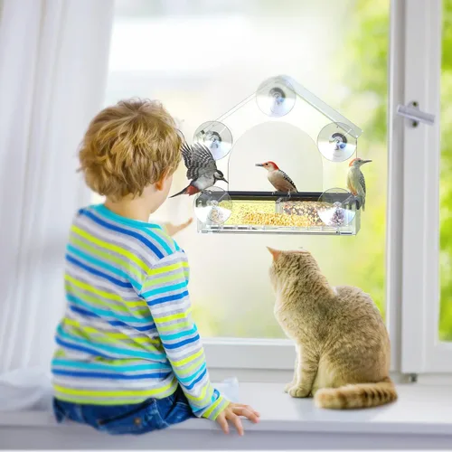 Vista 6 de Comedero de pájaros para ventana transparente con 5 ventosas extra fuertes, comederos de acrílico resistentes y duraderos DY-SKTY para ver pájaros