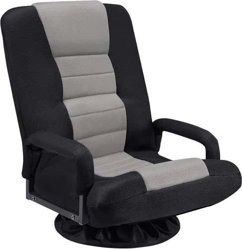 Vista 13 de Silla de juegos giratoria de piso con reposabrazos, sofá reclinable plegable de video con 6 posiciones ajustables, respaldo acolchado y cojín, sofá