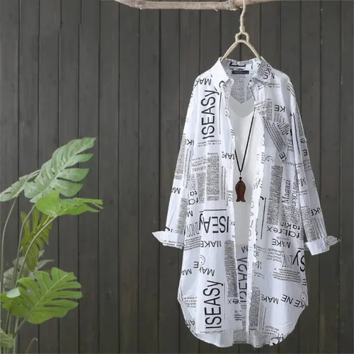 Vista 2 de Camisas de manga larga con estampado de periódico para mujer, blusas con solapa, túnica de gran