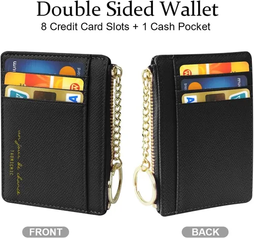 Vista 102 de URAQT Cartera para tarjetas de crédito, cartera minimalista de cuero delgado con cremallera, mini protector de tarjeta de crédito, llavero bolsillo