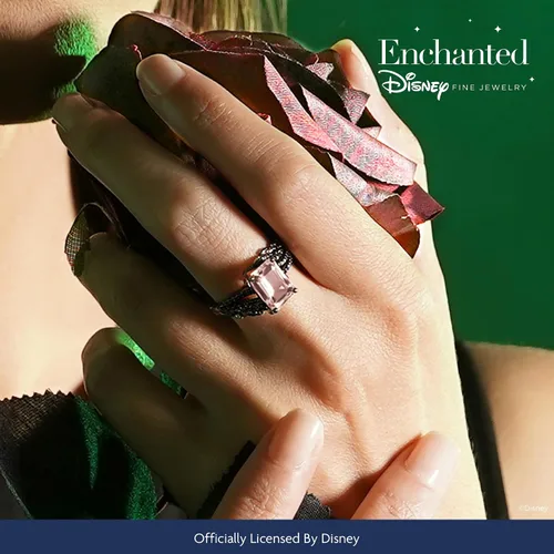 Vista 3 de Jewelili Enchanted Disney Fine Jewelry - Anillo de plata de ley con rodio negro sobre plata de ley de 0.354 x 0.276 in, morganita octágono y 13