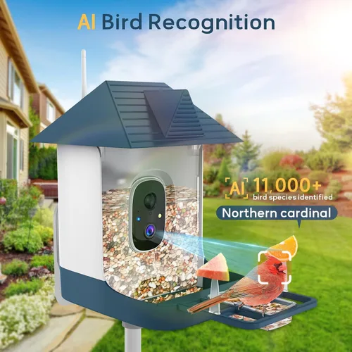 Vista 4 de Comedero para pájaros con cámara, cámara de comedero inteligente WiFi para exteriores con reconocimiento de aves AI incorporado, energía solar