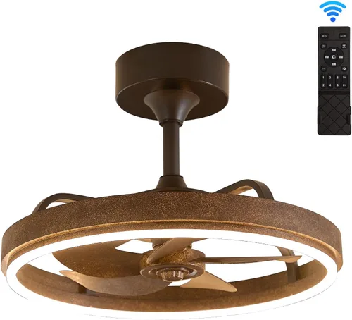 Vista 9 de Farmhouse Fandelier Retro Ceiling Fan with Light, 20" Rustic Brown Dimmable LED Chandelier Ceiling Fans, Low Profile Smart Bladeless Ceiling Fan