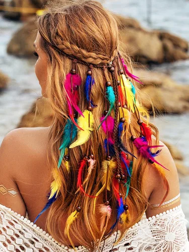 Vista 6 de Diadema de plumas coloridas, accesorios para el cabello de arcoíris para mujer