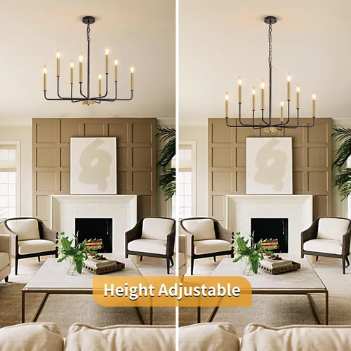 Vista 5 de Candelabro de 8 luces negras y doradas: candelabros estilo vela de 29.5 pulgadas con brazos de candelabro - Moderna lámpara de comedor de granja